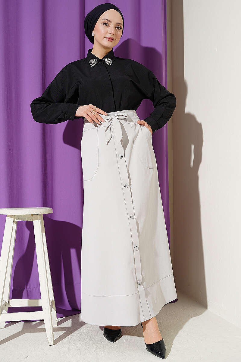 Tie Skirt with Faux Buttons - Grey