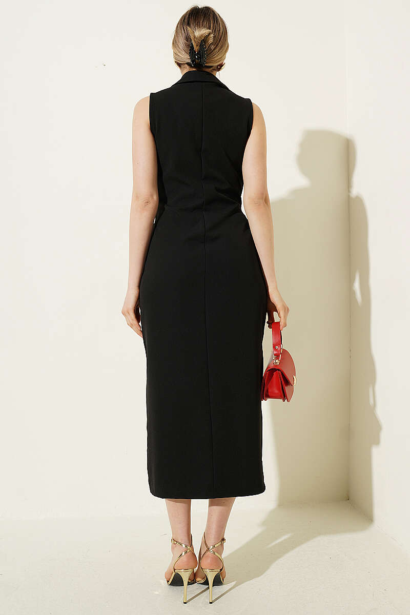 Sleeveless Midi Dress with Button Look - Black