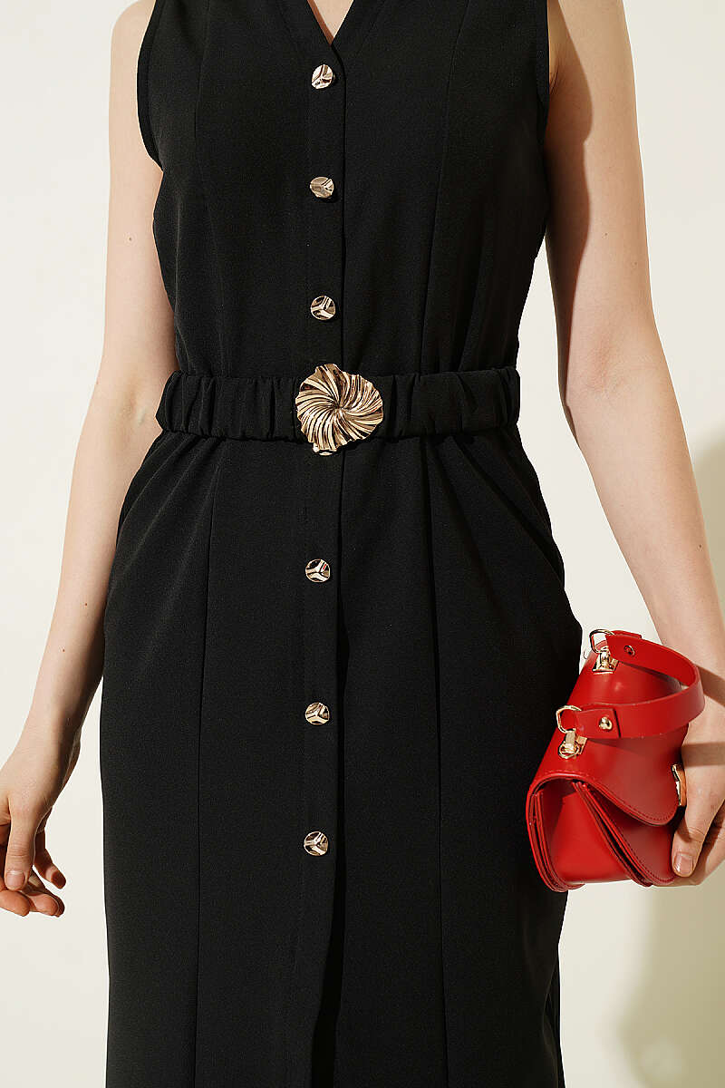 Sleeveless Midi Dress with Button Look - Black