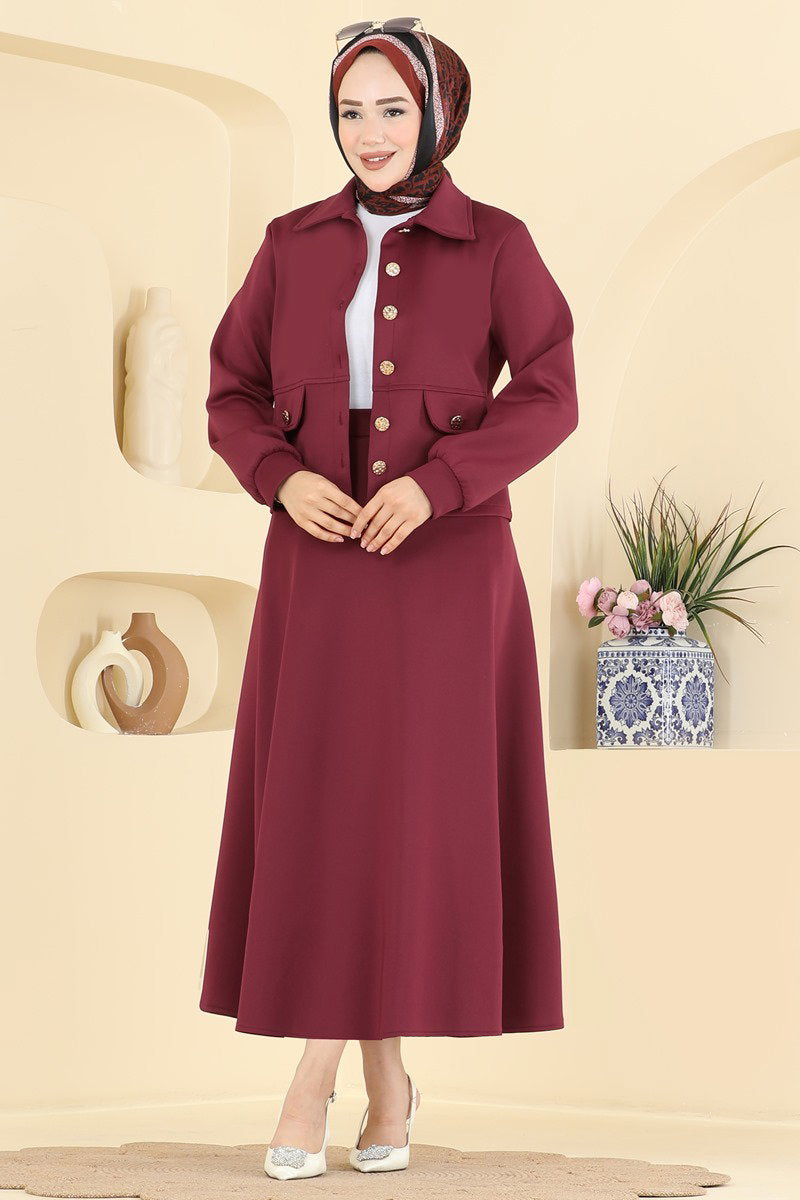 Scuba Two-Piece Skirt Set with Buttons - Burgundy