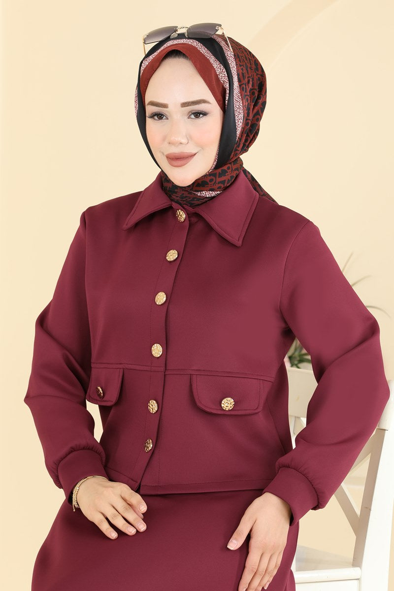Scuba Two-Piece Skirt Set with Buttons - Burgundy