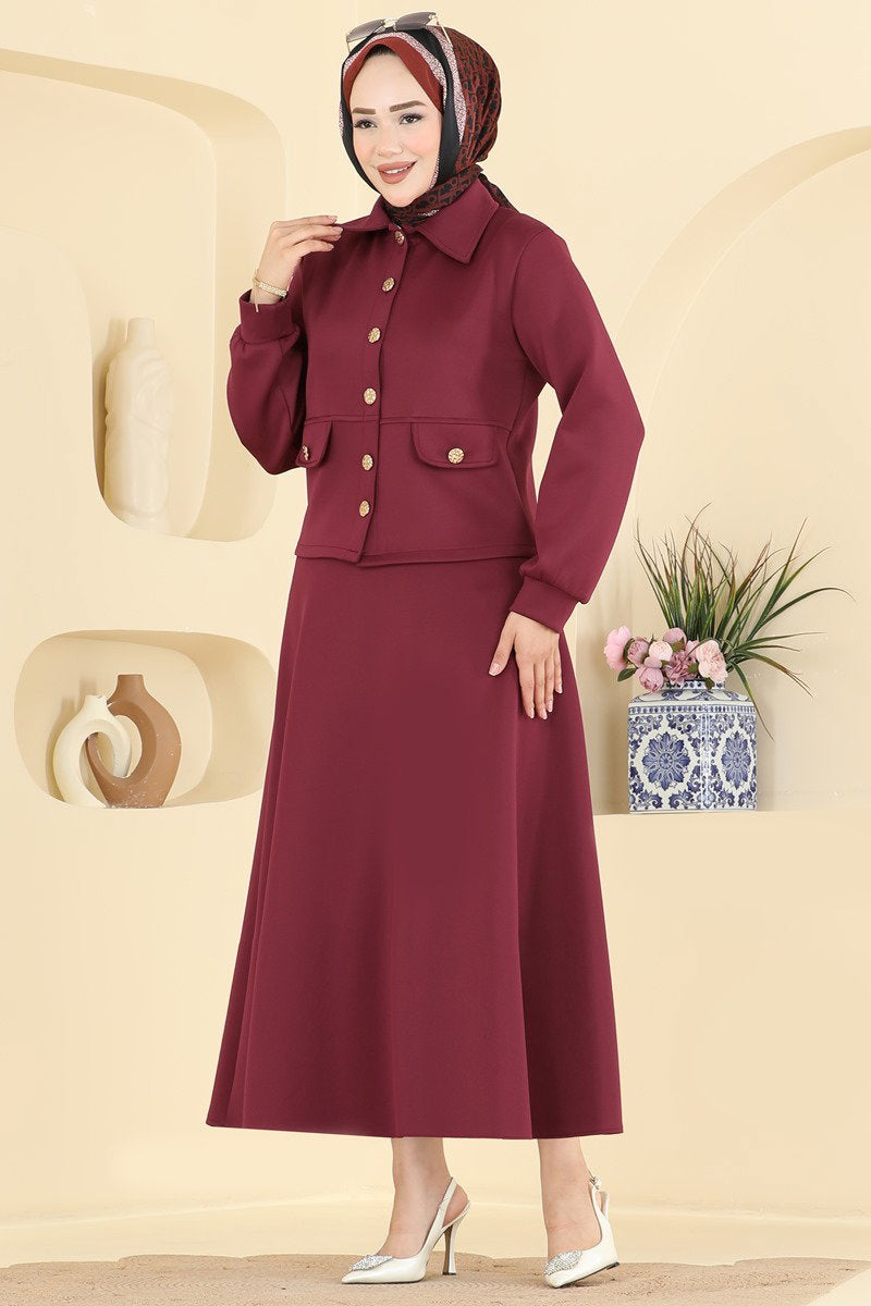 Scuba Two-Piece Skirt Set with Buttons - Burgundy