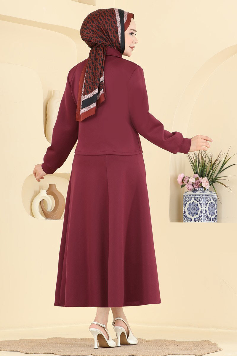Scuba Two-Piece Skirt Set with Buttons - Burgundy