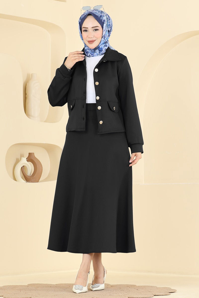 Scuba Two-Piece Skirt Set with Buttons - Black