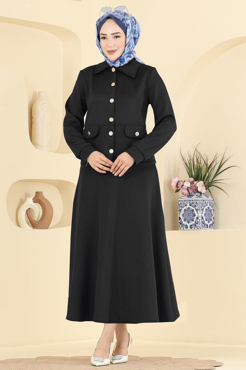 Scuba Two-Piece Skirt Set with Buttons - Black