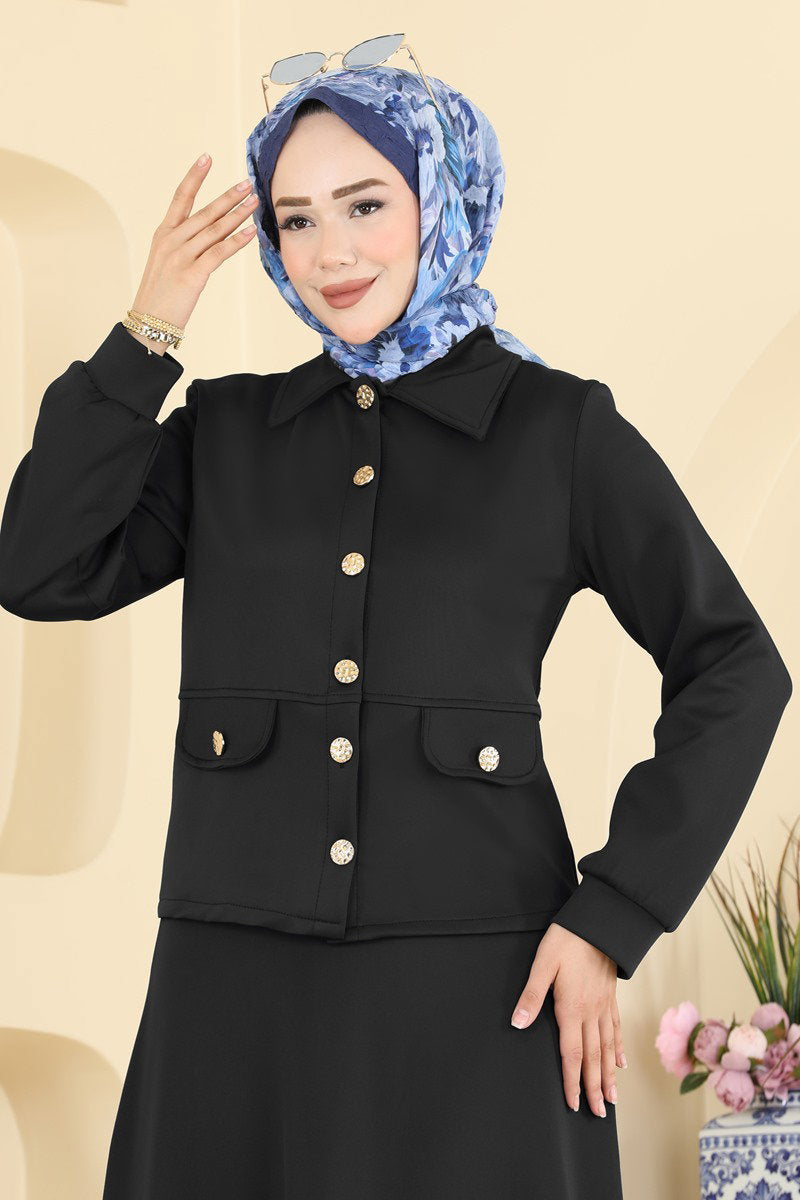 Scuba Two-Piece Skirt Set with Buttons - Black