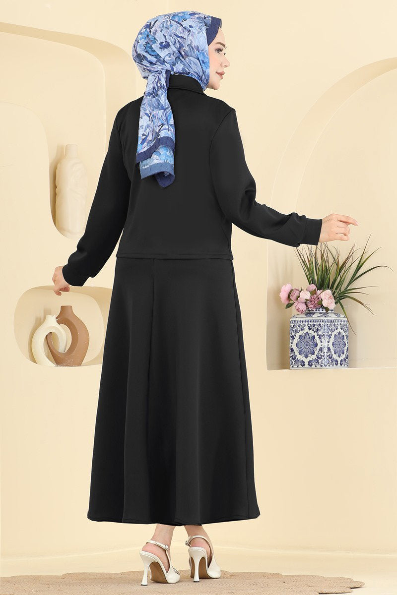 Scuba Two-Piece Skirt Set with Buttons - Black