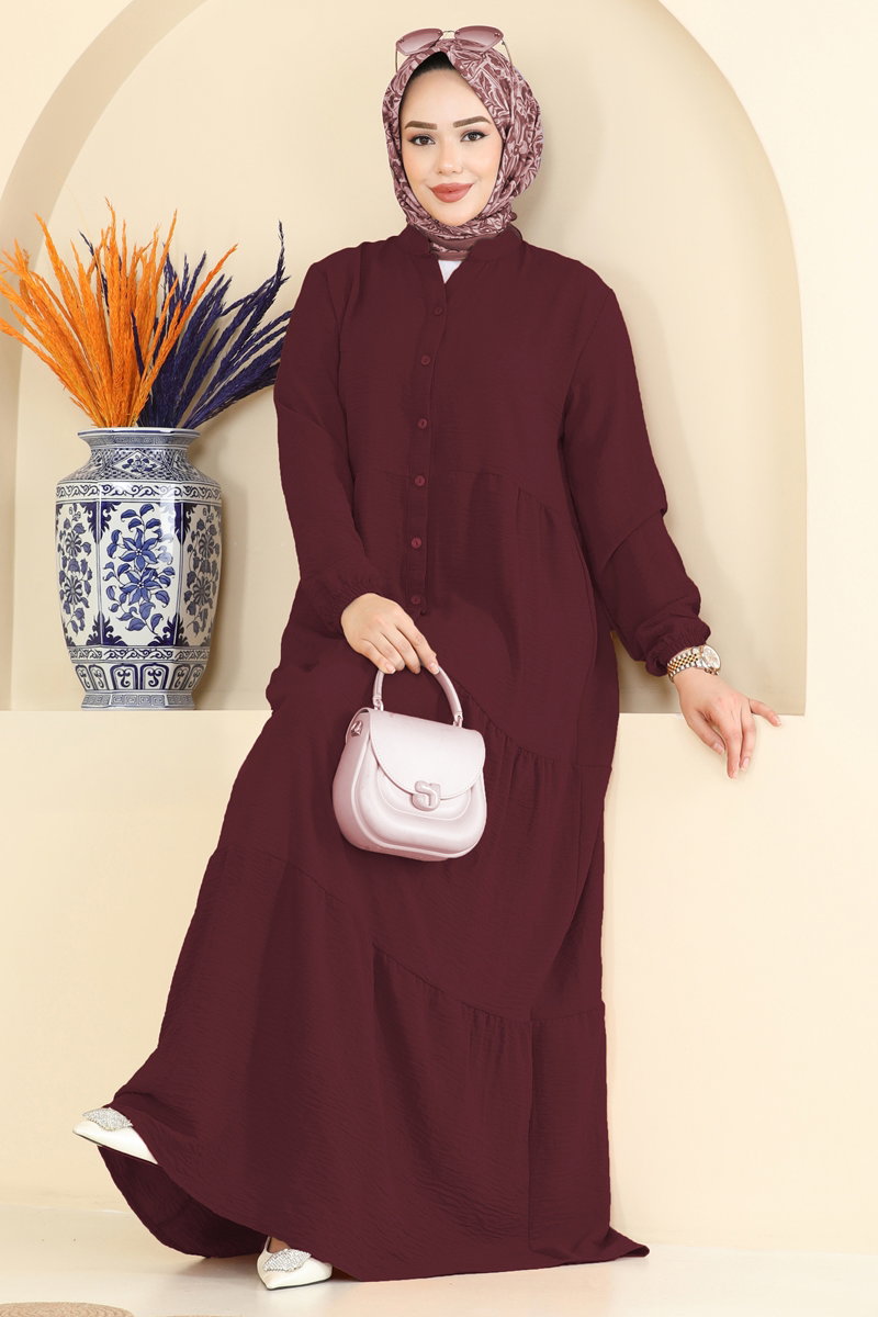 Long Aerobin Button Dress - Burgundy
