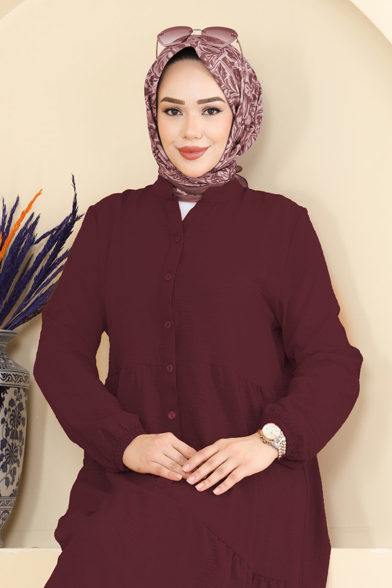 Long Aerobin Button Dress - Burgundy