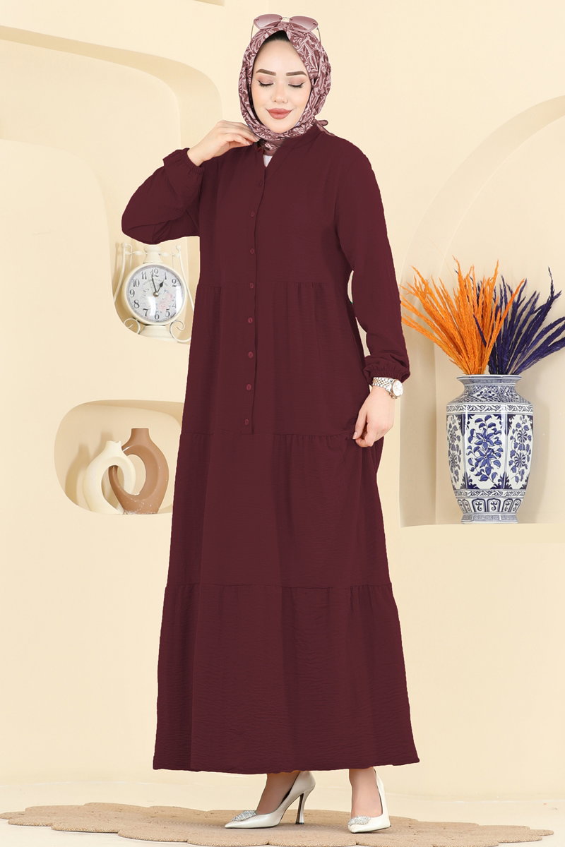 Long Aerobin Button Dress - Burgundy