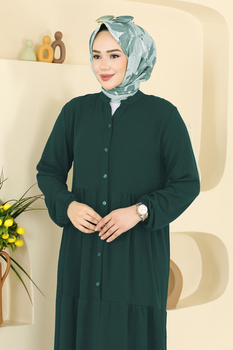 Long Aerobin Button Dress - Dark Emerald