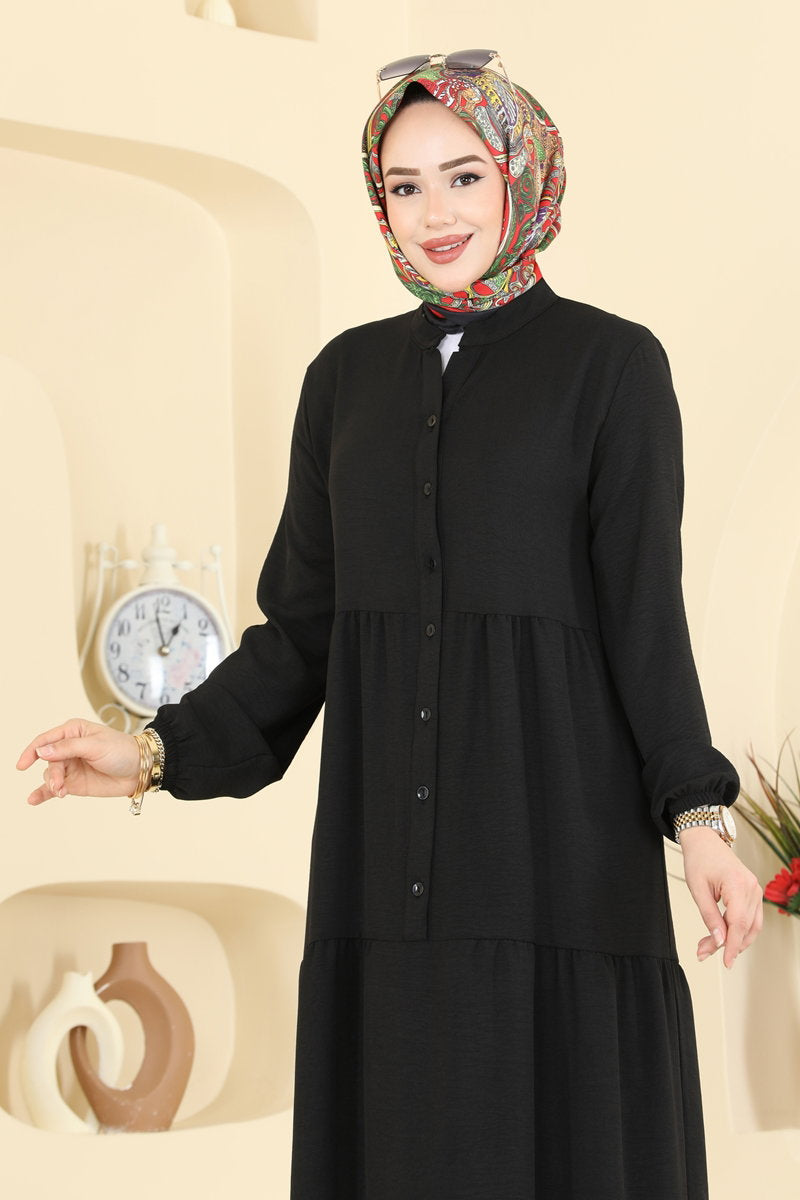 Long Aerobin Button Dress - Black