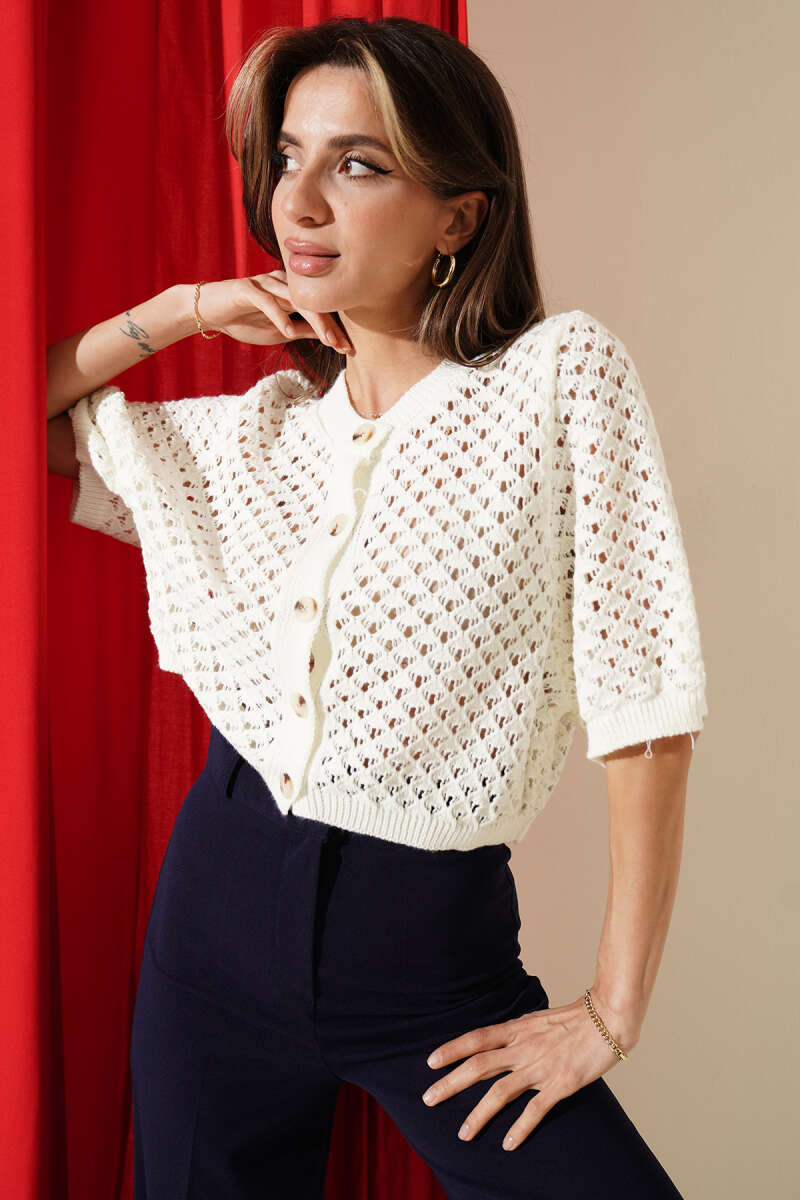 Short Openwork Button Cardigan - Ecru