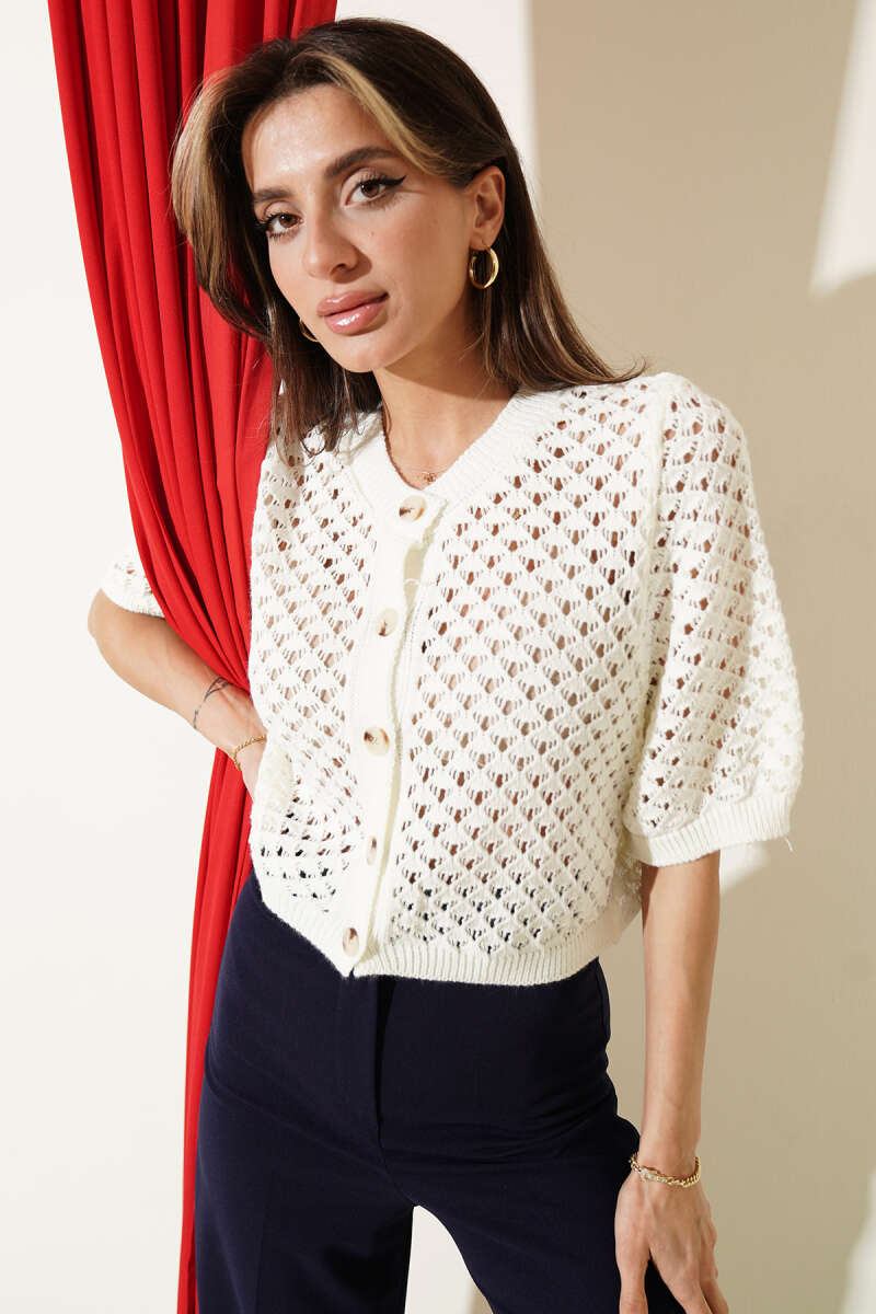 Short Openwork Button Cardigan - Ecru