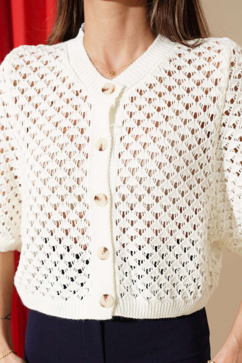 Short Openwork Button Cardigan - Ecru