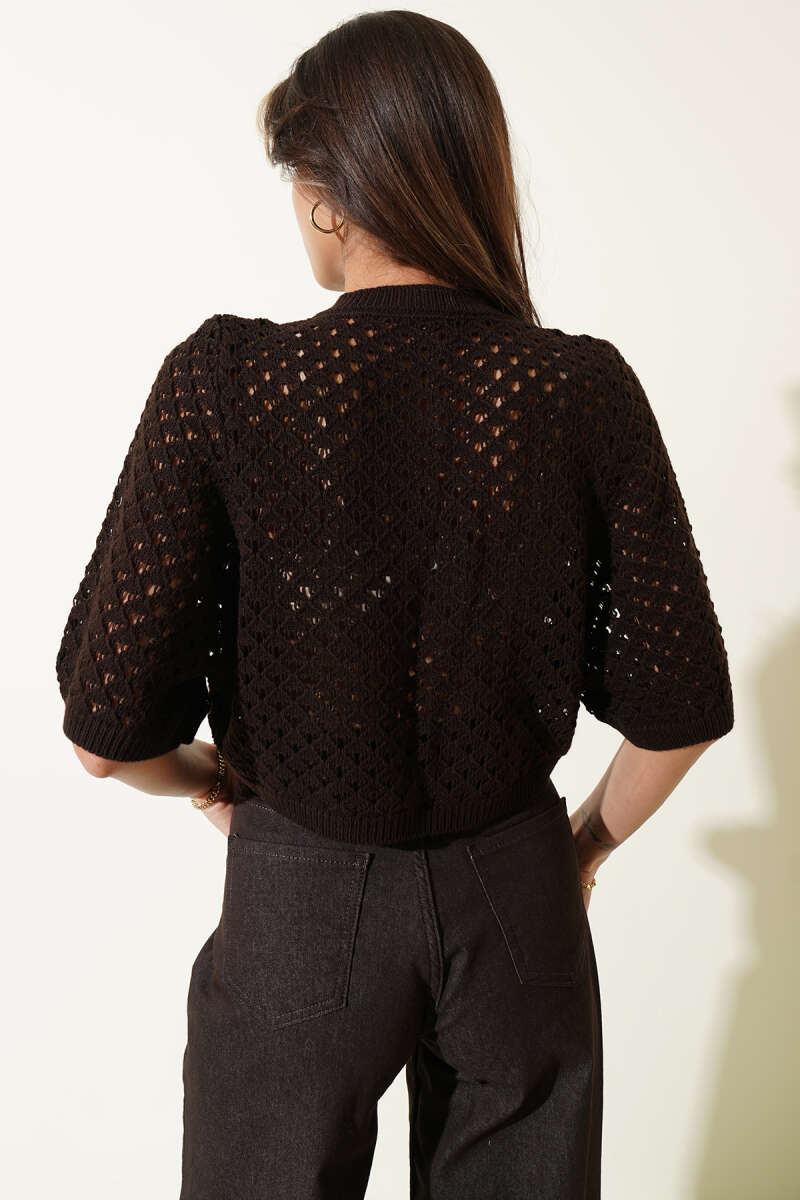 Short Openwork Button Cardigan - Brown