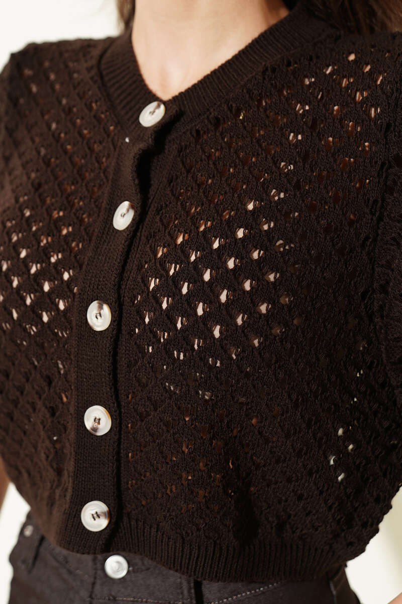 Short Openwork Button Cardigan - Brown