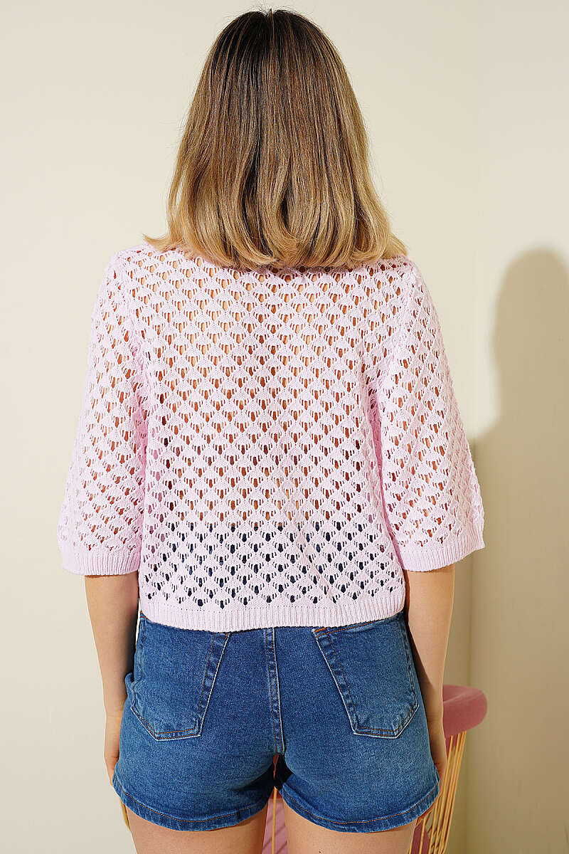 Short Openwork Button Cardigan - Pink