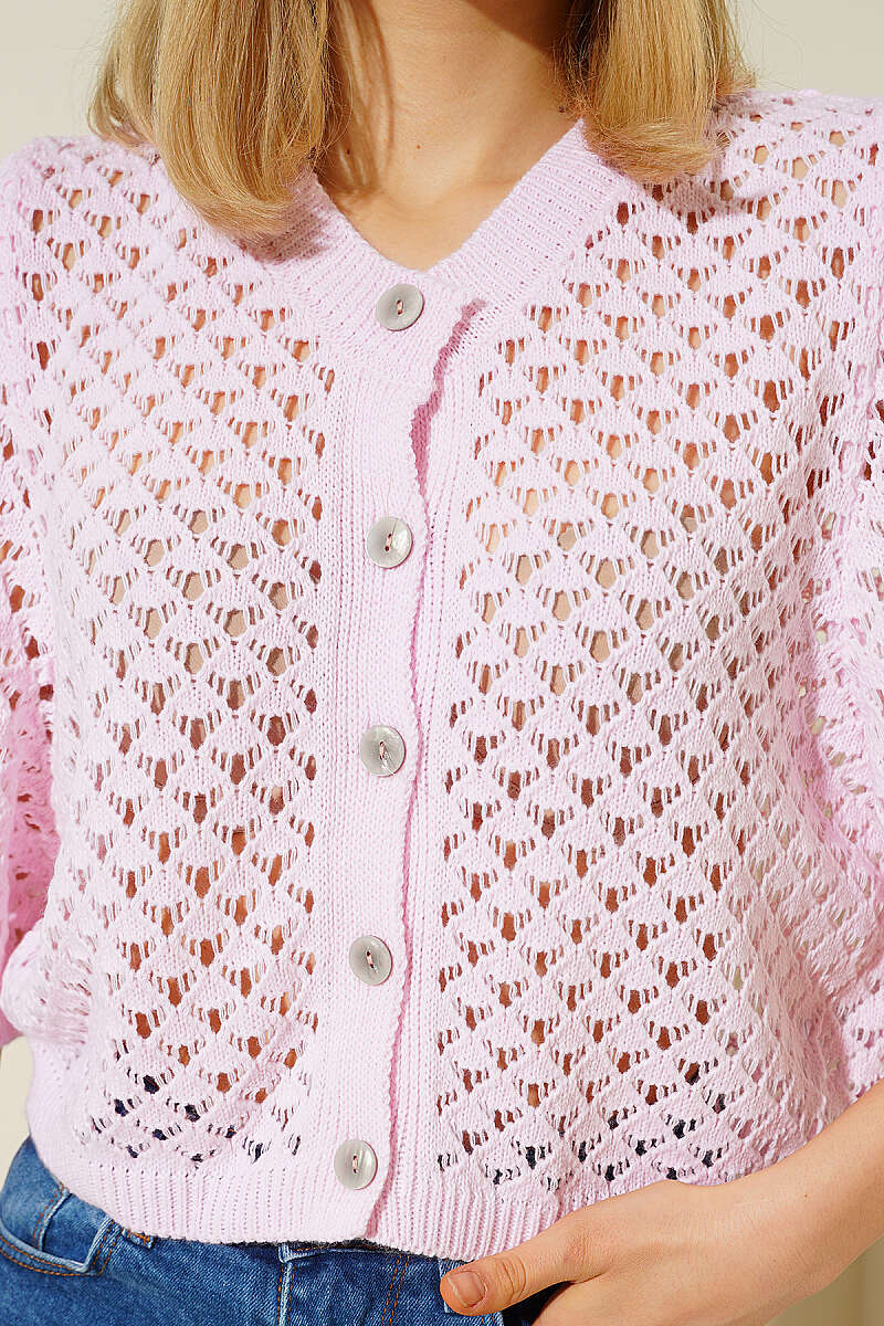 Short Openwork Button Cardigan - Pink