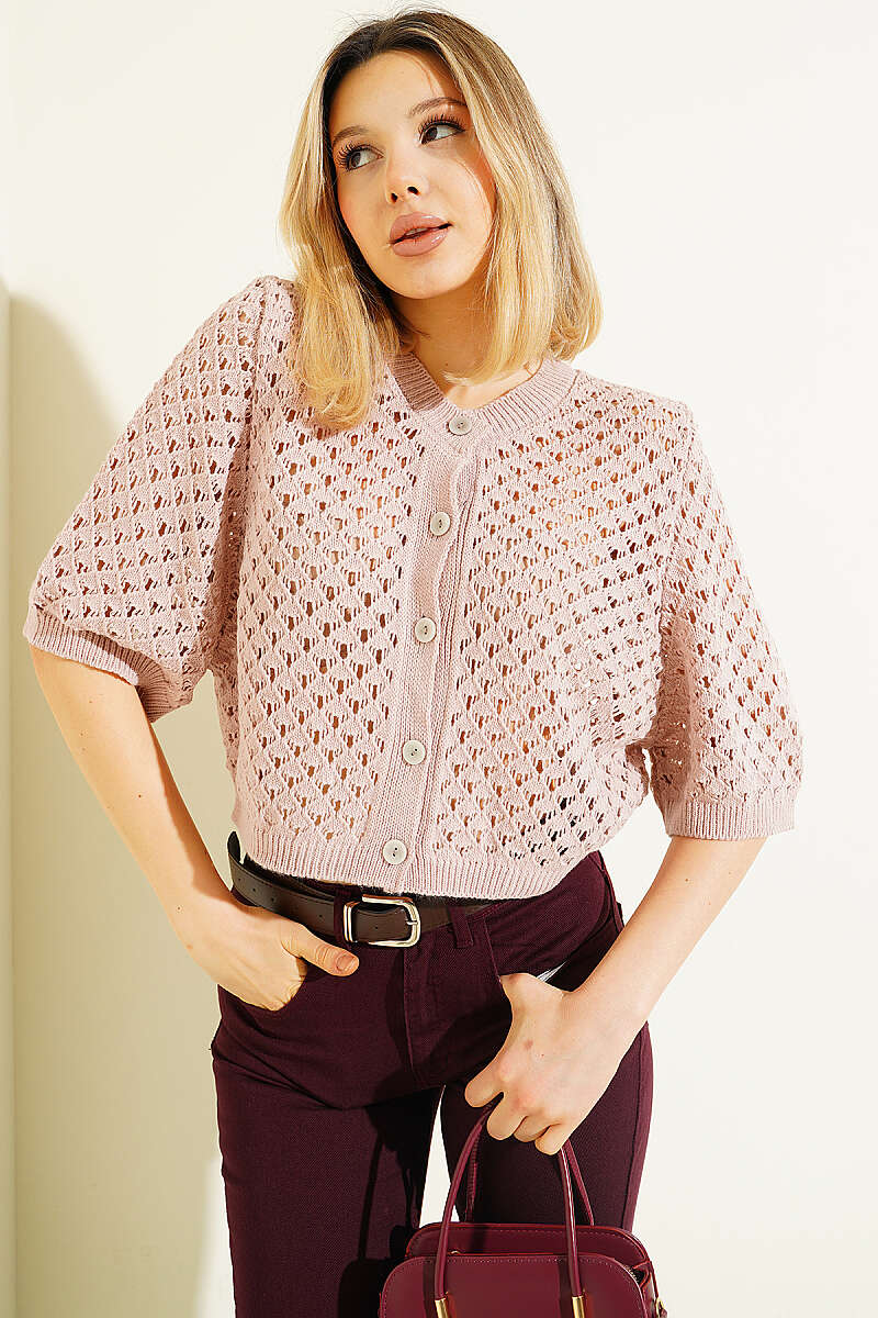 Short Openwork Button Cardigan - Powder