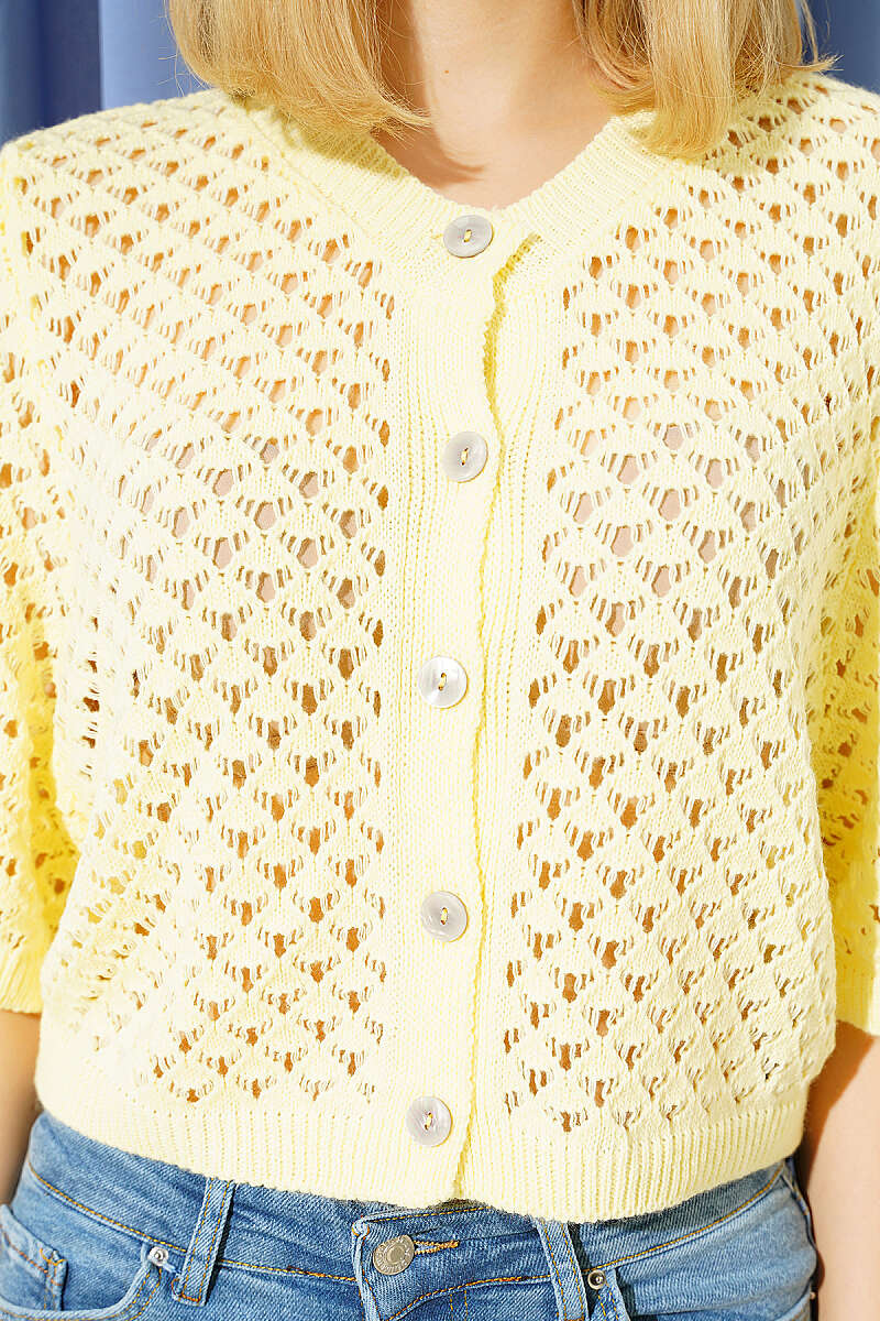 Short Openwork Button Cardigan - Yellow