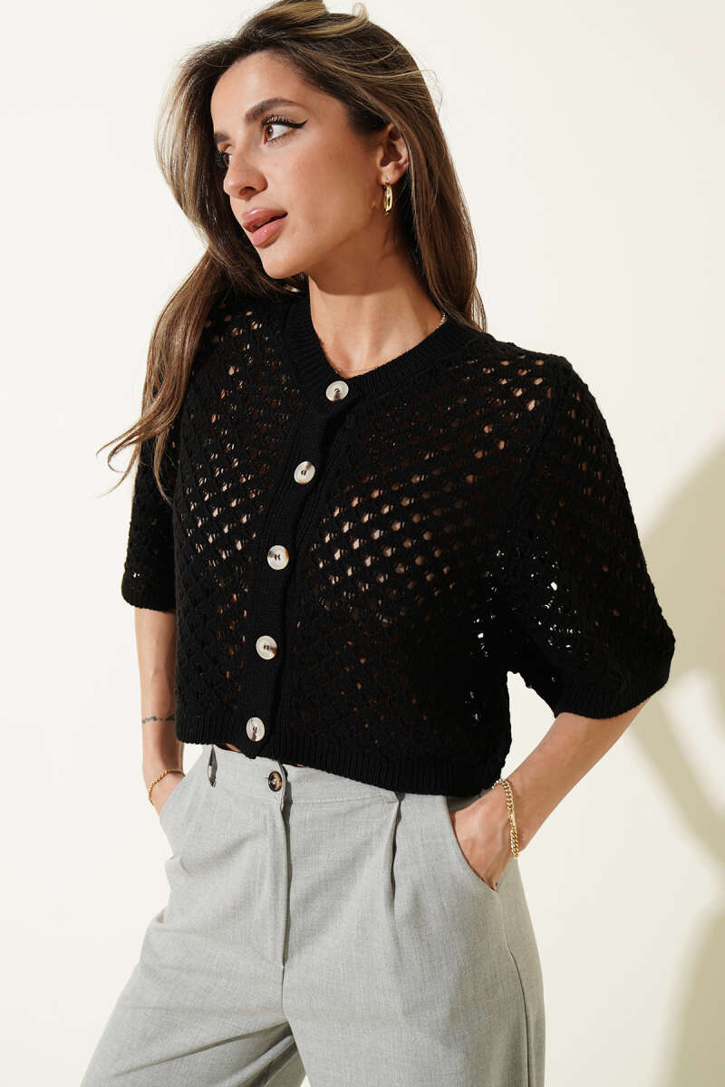 Short Openwork Button Cardigan - Black