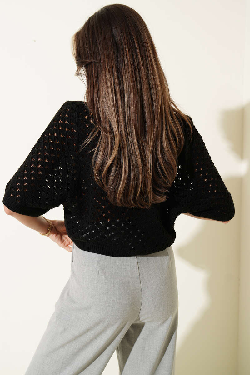 Short Openwork Button Cardigan - Black