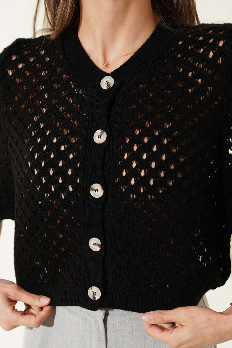 Short Openwork Button Cardigan - Black