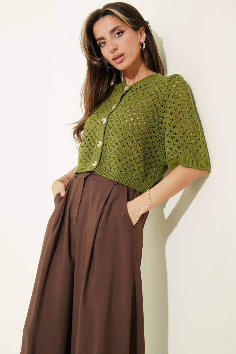 Short Openwork Button Cardigan - Green