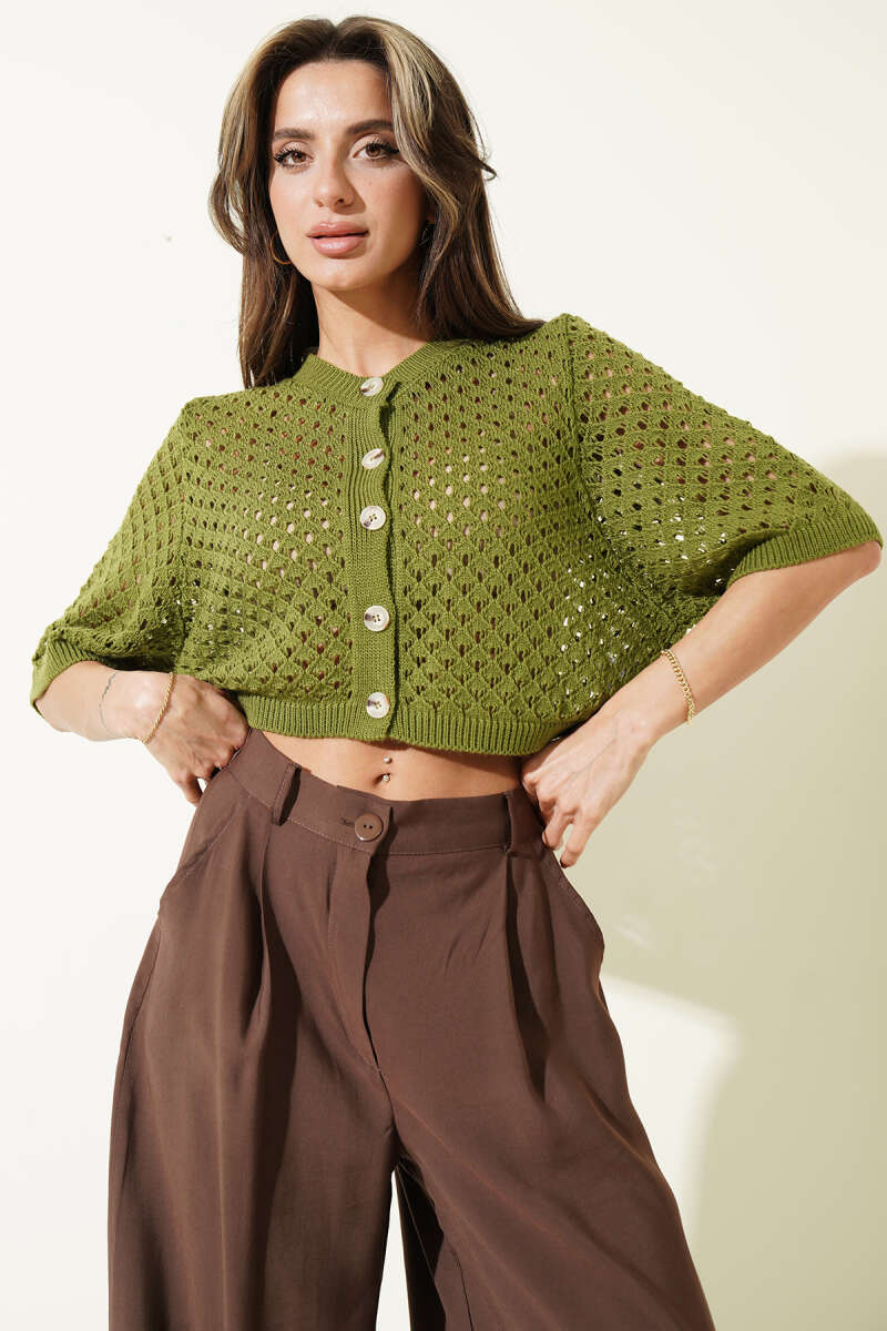 Short Openwork Button Cardigan - Green