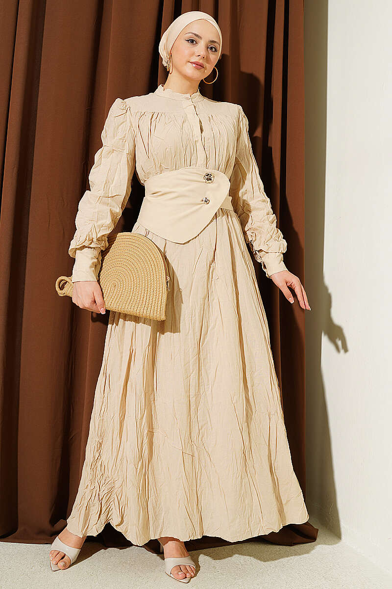 Belted Asymmetric Crinkle Dress with Buttons - Beige
