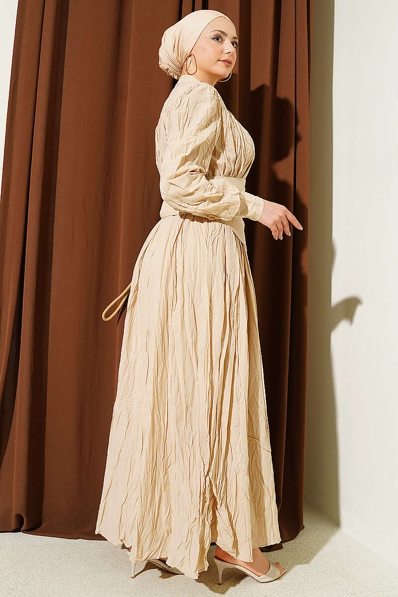 Belted Asymmetric Crinkle Dress with Buttons - Beige