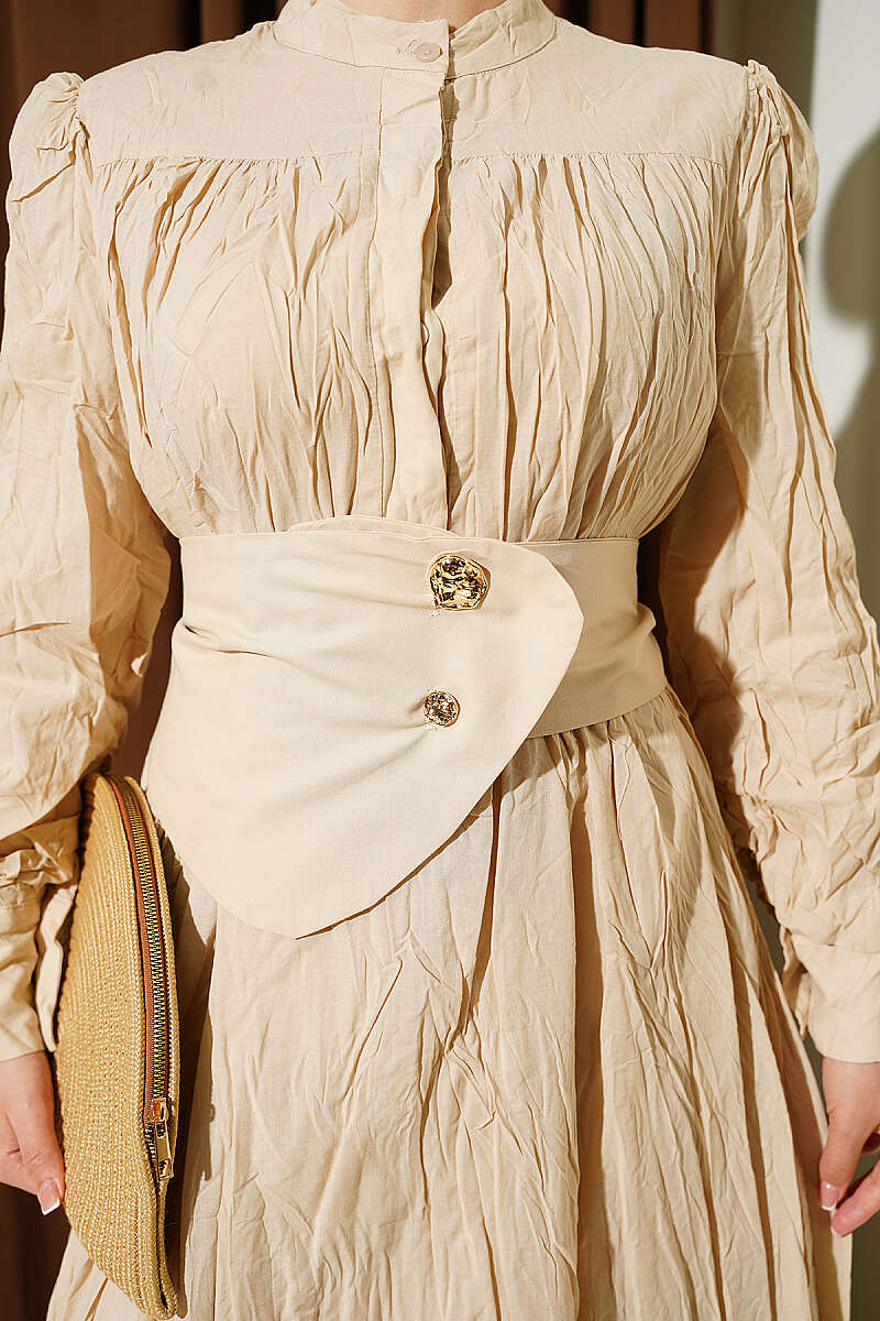 Belted Asymmetric Crinkle Dress with Buttons - Beige