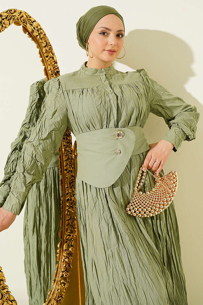 Belted Asymmetric Crinkle Dress with Buttons - Almond Green