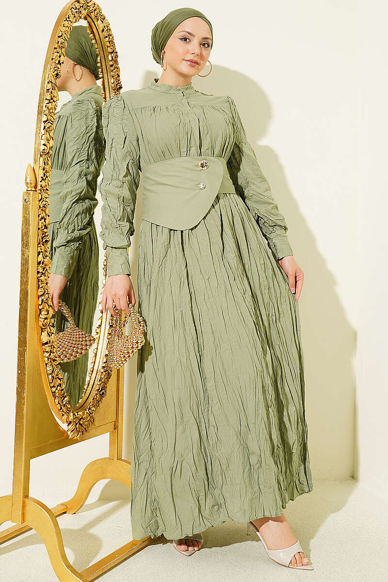 Belted Asymmetric Crinkle Dress with Buttons - Almond Green