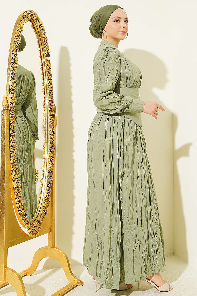 Belted Asymmetric Crinkle Dress with Buttons - Almond Green