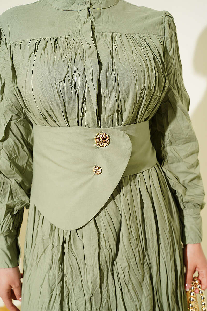 Belted Asymmetric Crinkle Dress with Buttons - Almond Green