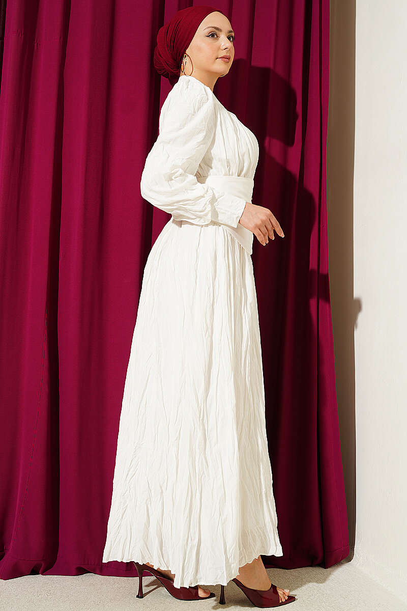 Belted Asymmetric Crinkle Dress with Buttons - Ecru