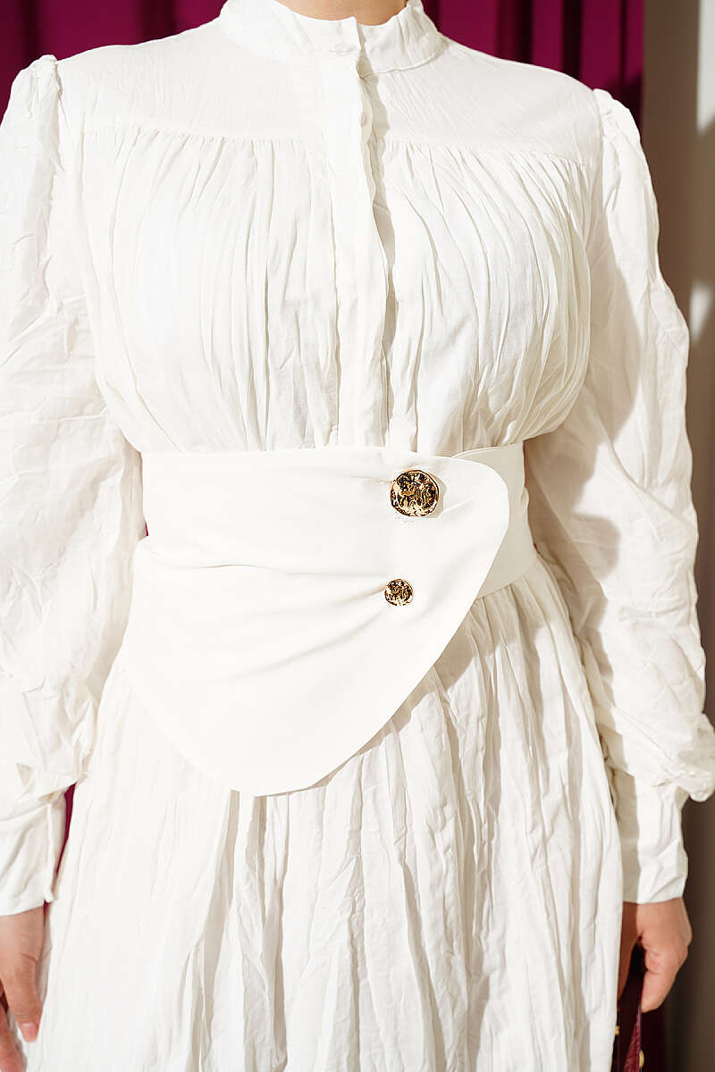 Belted Asymmetric Crinkle Dress with Buttons - Ecru