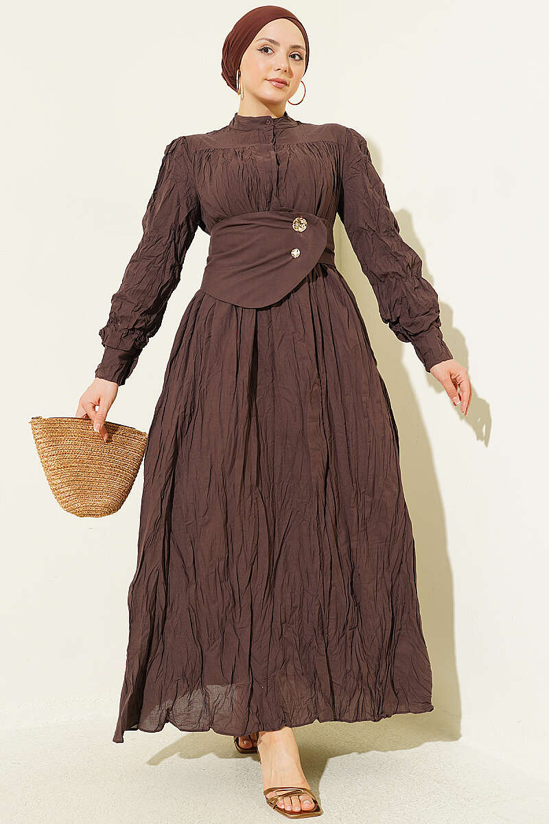 Belted Asymmetric Crinkle Dress with Buttons - Brown
