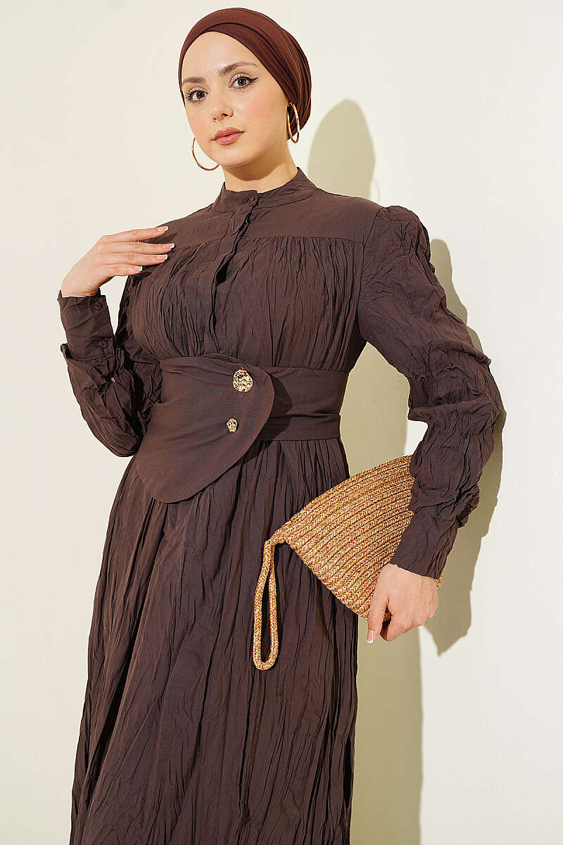 Belted Asymmetric Crinkle Dress with Buttons - Brown