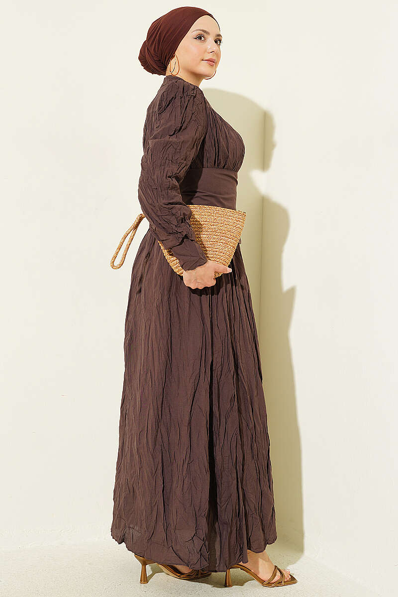 Belted Asymmetric Crinkle Dress with Buttons - Brown
