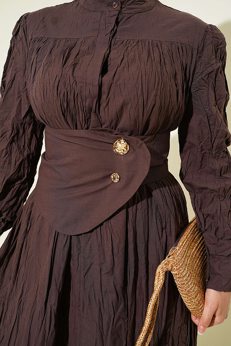 Belted Asymmetric Crinkle Dress with Buttons - Brown