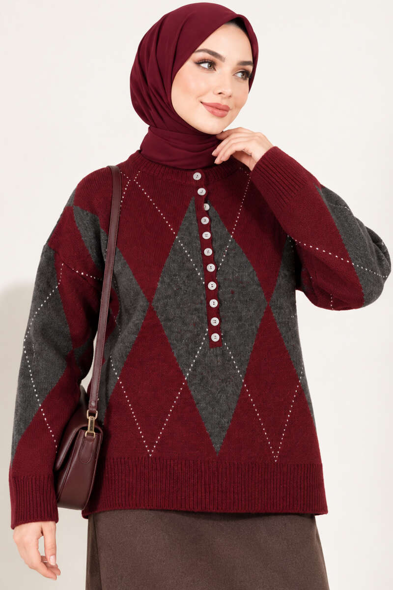 Diamond-Pattern Button Knit Sweater - Burgundy