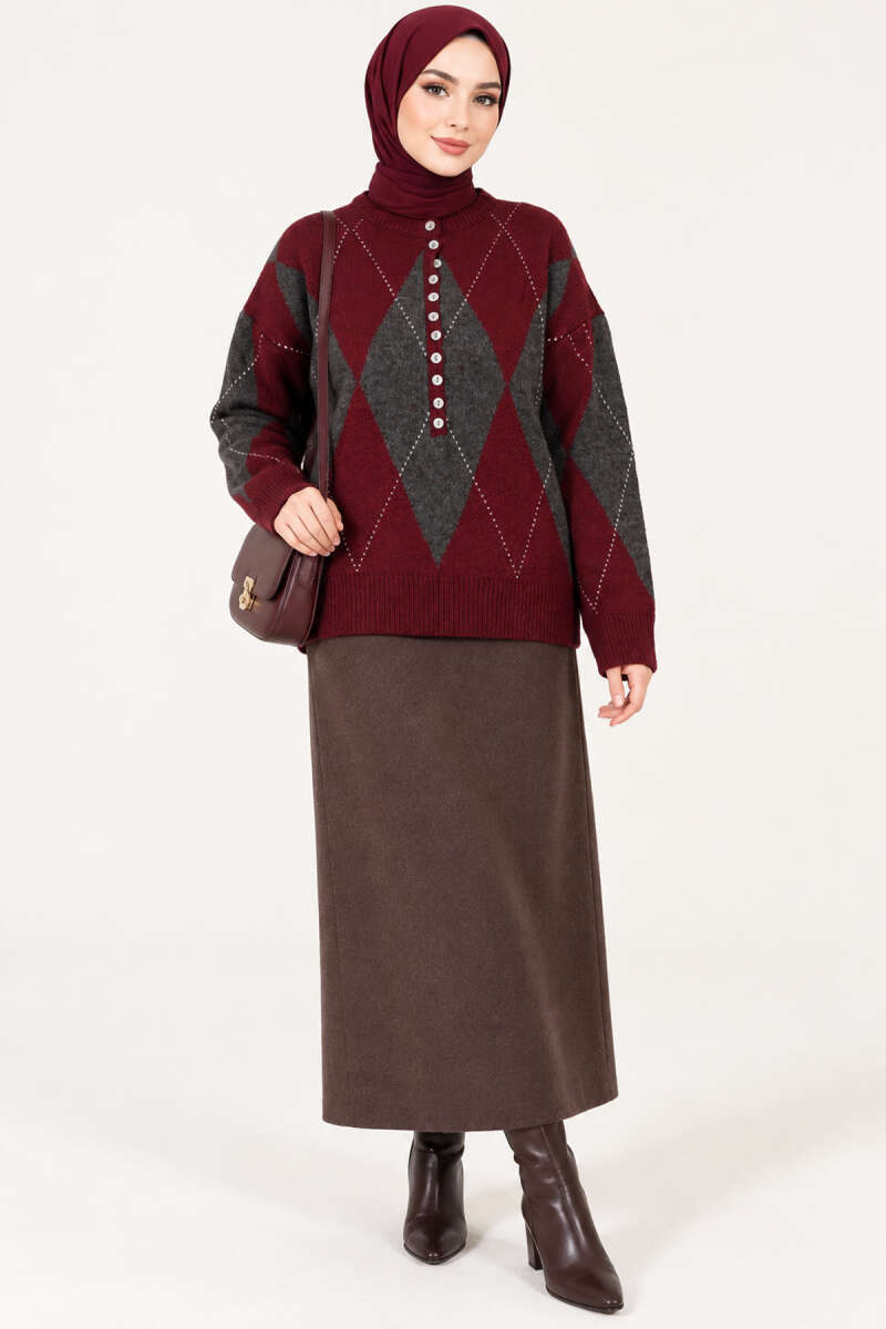 Diamond-Pattern Button Knit Sweater - Burgundy