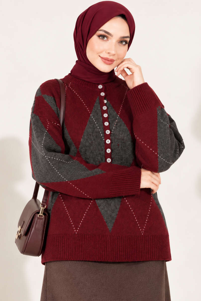 Diamond-Pattern Button Knit Sweater - Burgundy