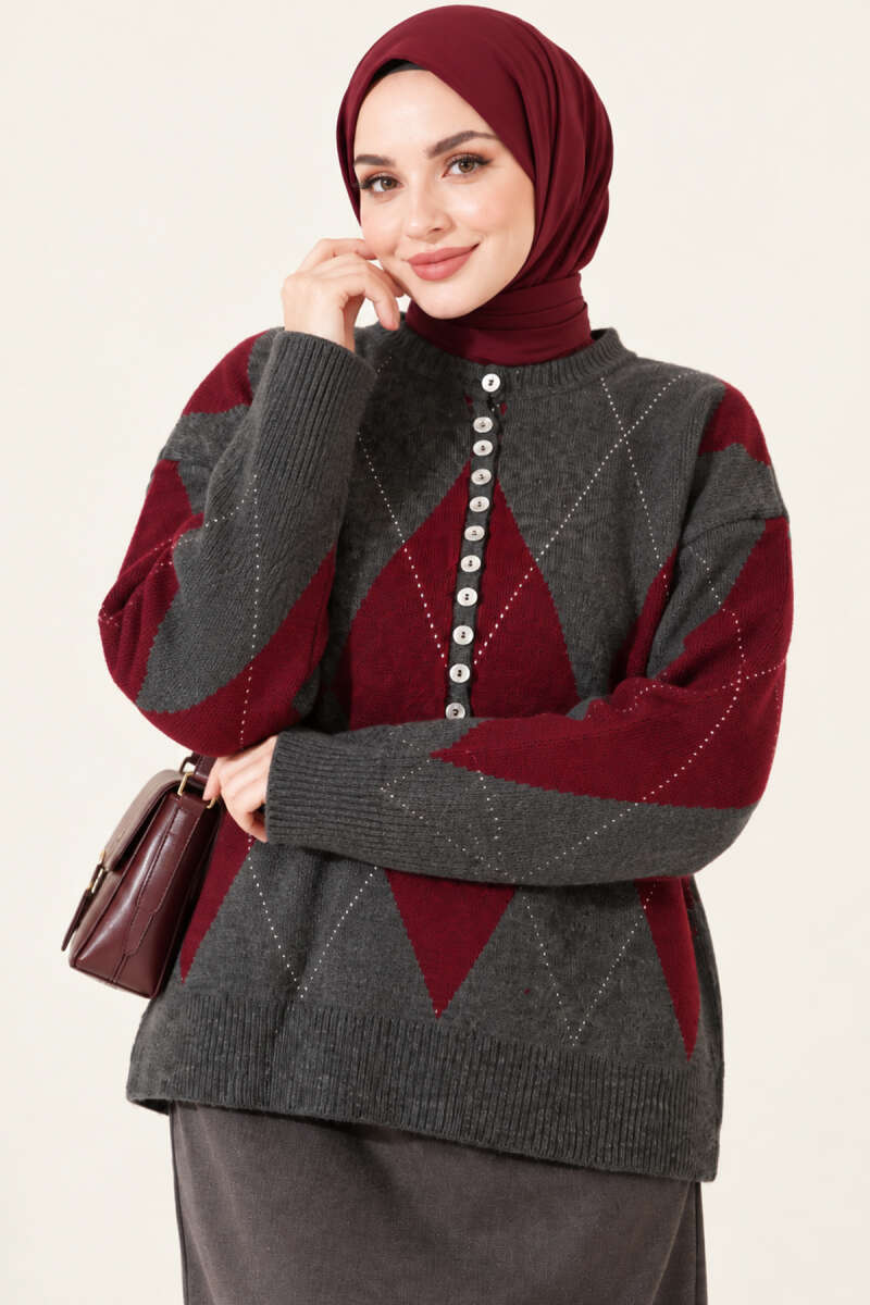 Diamond-Pattern Button Knit Sweater - Smoke Grey