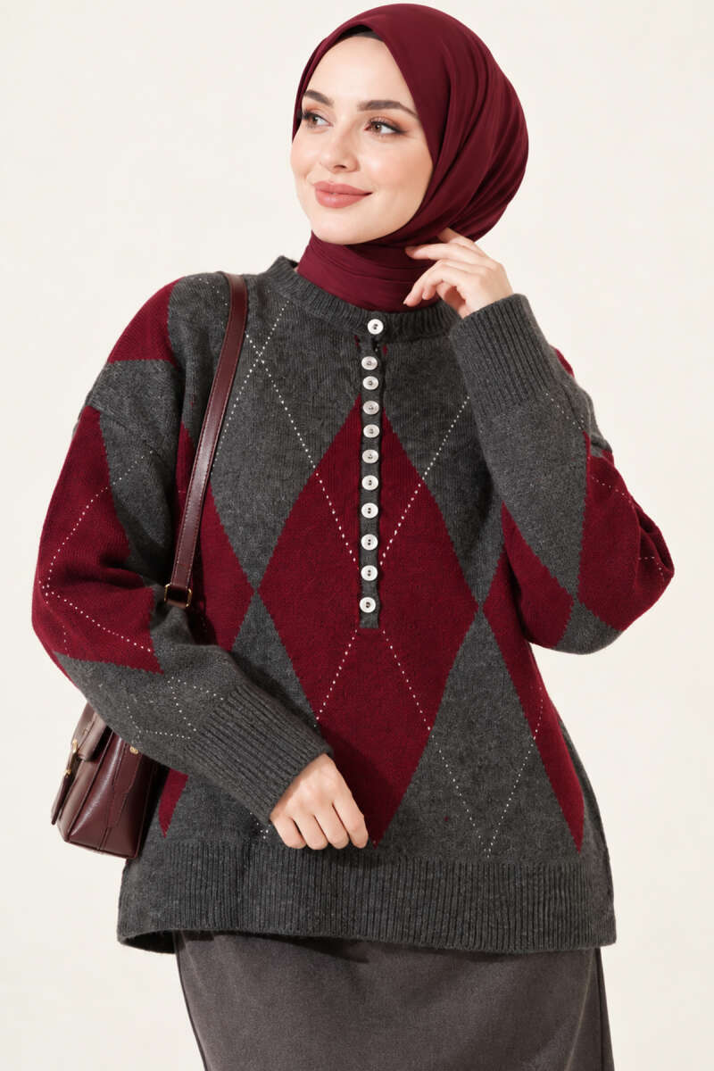 Diamond-Pattern Button Knit Sweater - Smoke Grey