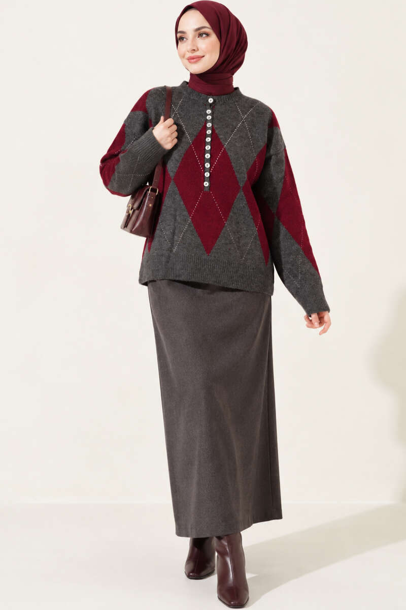 Diamond-Pattern Button Knit Sweater - Smoke Grey