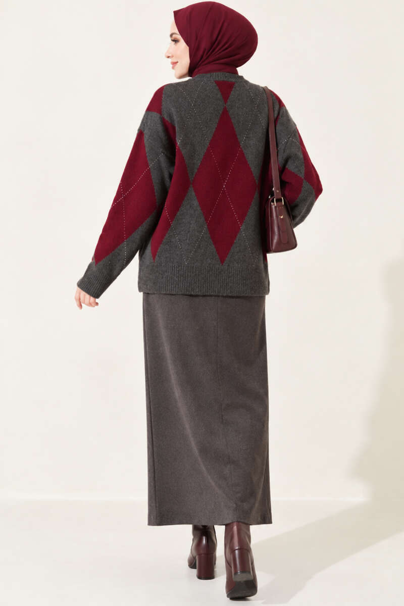 Diamond-Pattern Button Knit Sweater - Smoke Grey